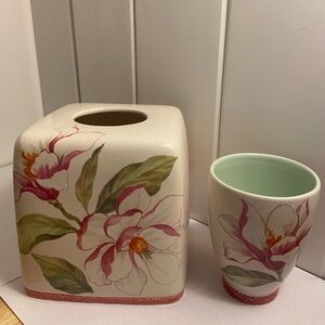 Vintage Echo Tissue box cover and cup set ceramic painted Magnolias and Azaleas
